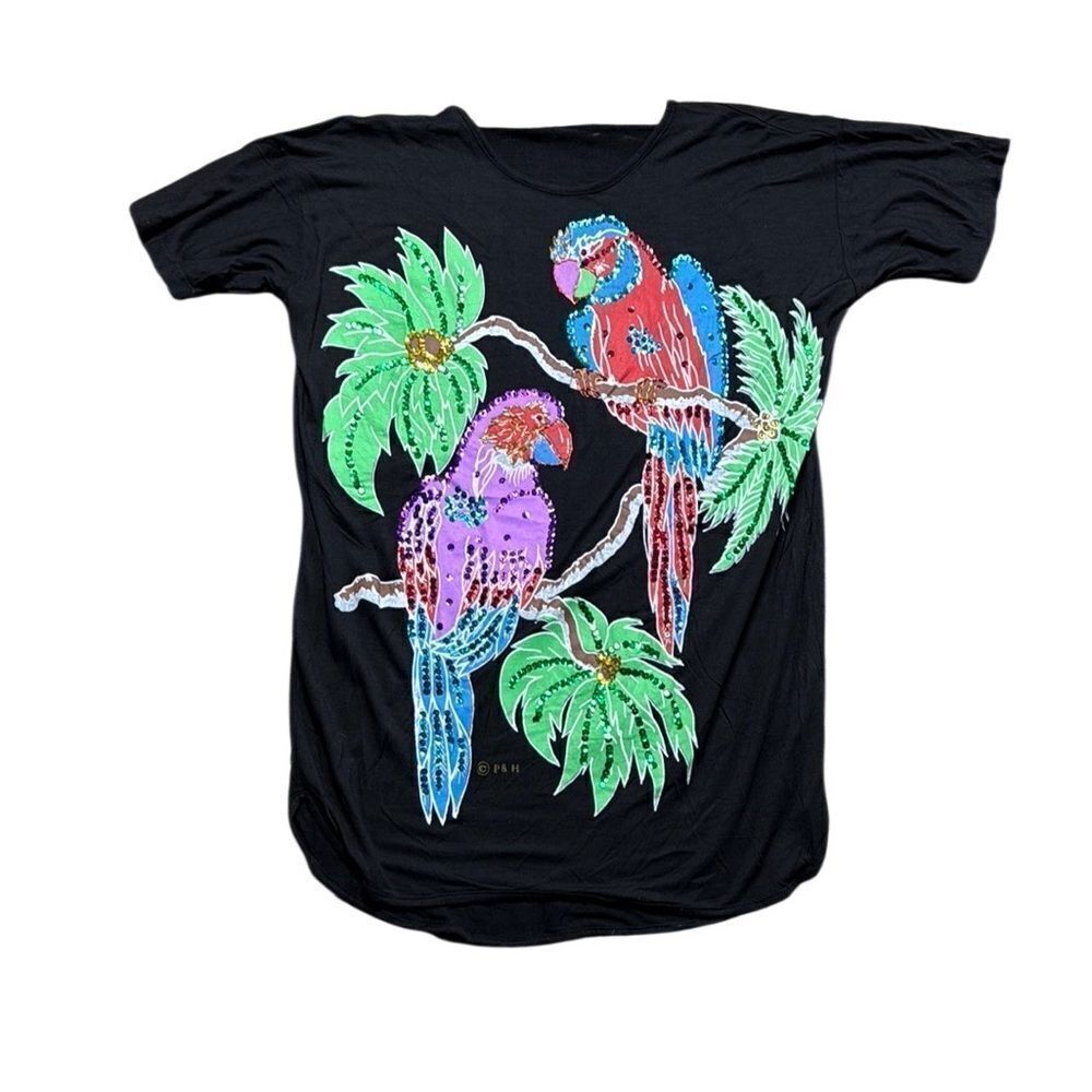 90s Vintage Hand Painted Sequin Parrot Bird Shirt Blue Sky Black One Size